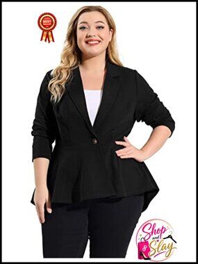 Plus Size Notch Panel Peplum Work Blazer High-Low Ruffle Hem Business